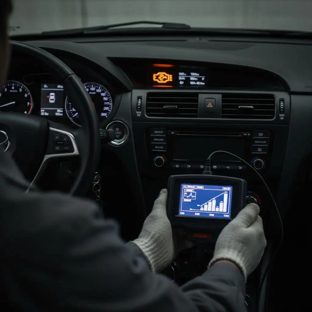 A mechanic for check engine light diagnostics using an OBD-II scanner.